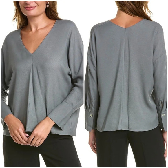 Vince Blouse Small Womens Gray Blue Long Sleeve V Neck Viscose Crepe Pleated. - Picture 1 of 11